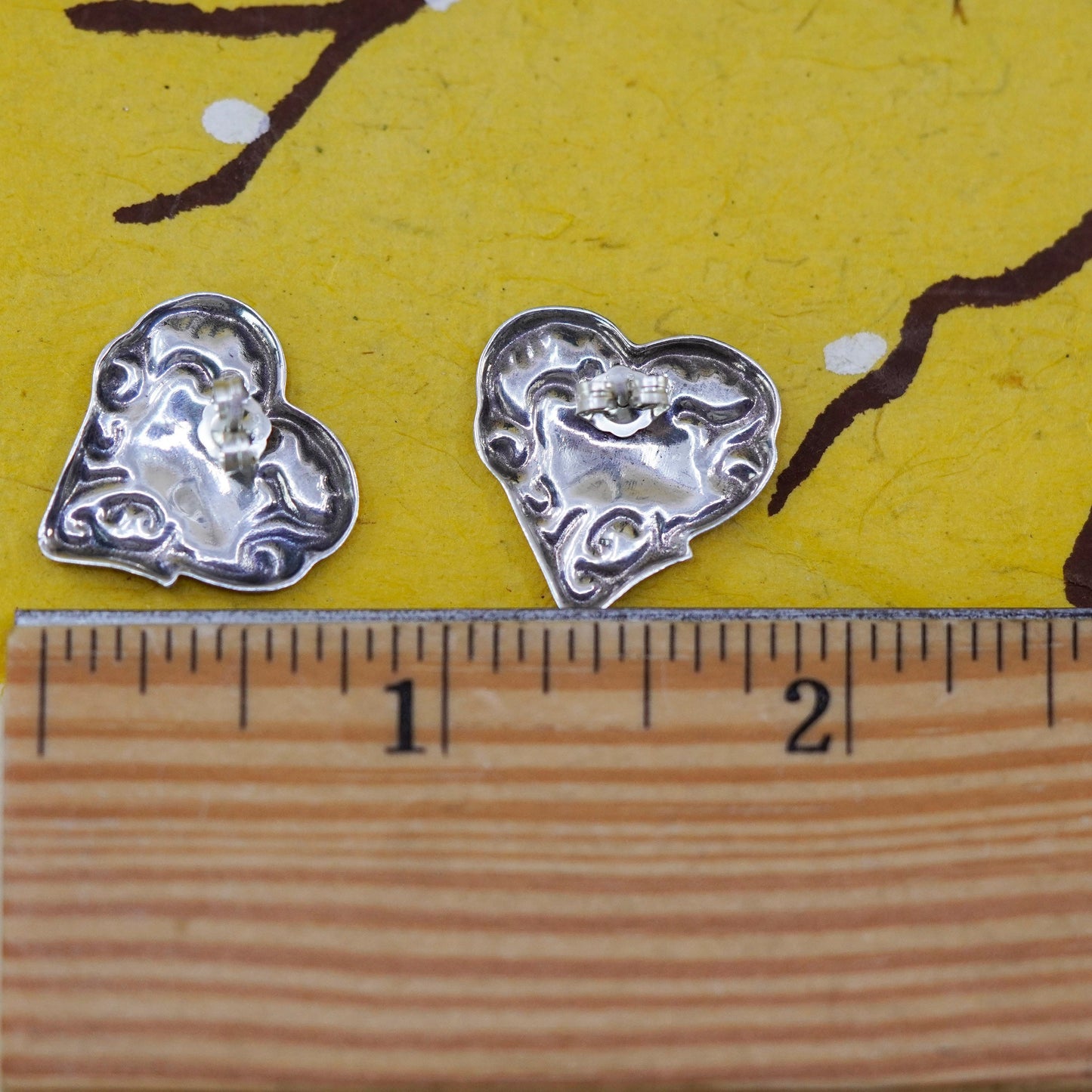 Vintage Sterling silver handmade earrings, textured 925 heart studs
