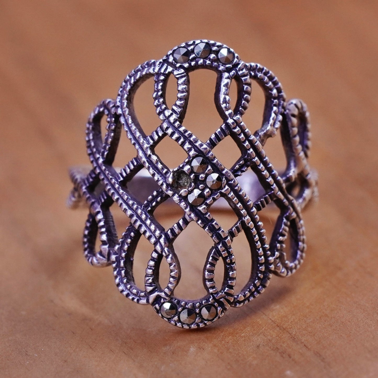 Size 7.25, Art Deco Sterling silver handmade ring, wide 925 band with marcasite