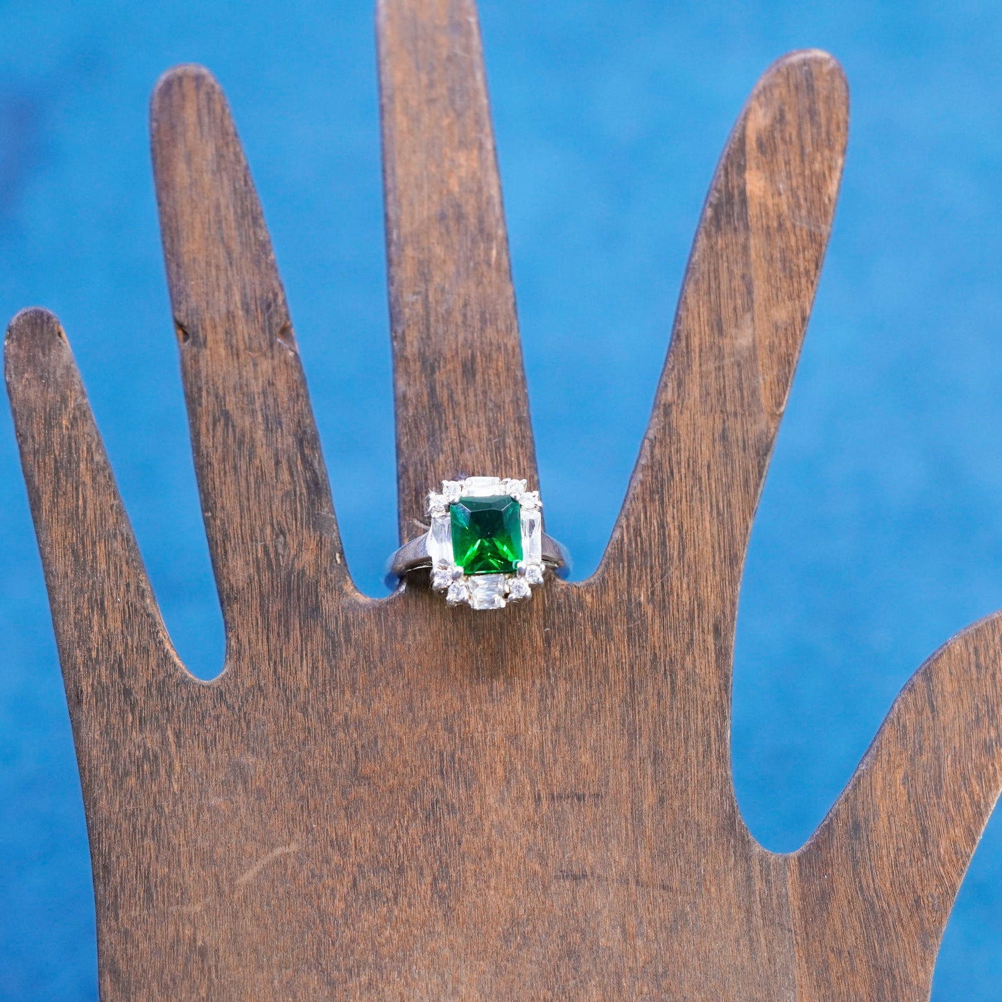 Size 9.25, vintage sterling 925 silver handmade ring with emerald and cz