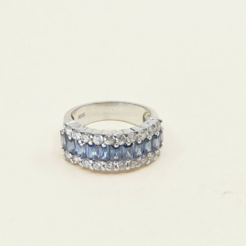 Sz 8, Vtg Sterling silver ring, 925 silver statement band w/ Blue N Clear Cz