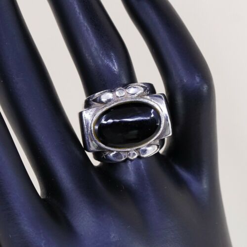 Sz 6.25, Vtg Sterling Silver Handmade Ring, 925 Band W Obsidian N Bali Beads