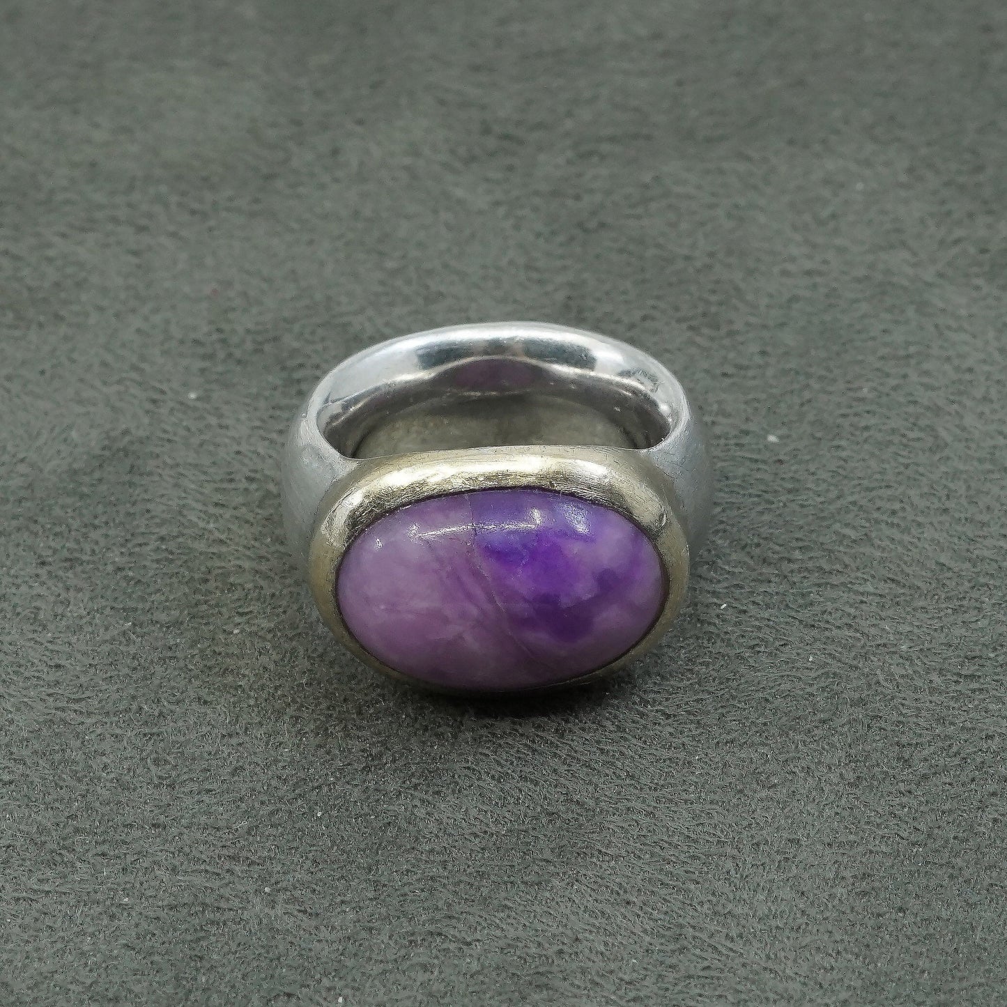 sz 7, vtg handmade Sterling silver ring, 925 statement ring w/ oval Charoite