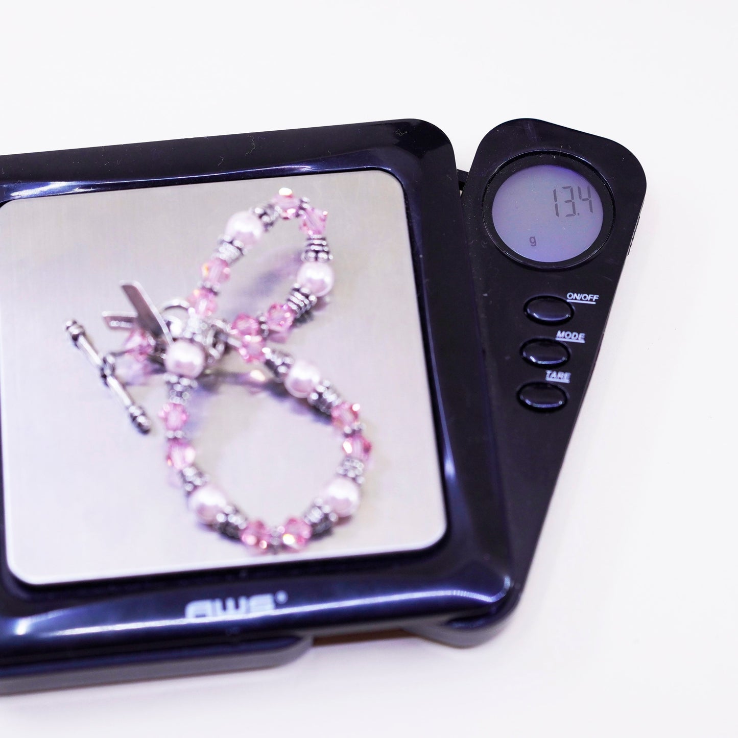 7”, Sterling silver bracelet, 925 bead chain pink crystal breast cancer ribbon