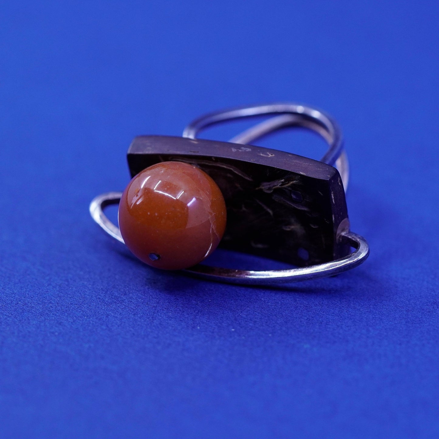 Size 4, vintage Sterling silver handmade ring carnelian wood, Native American