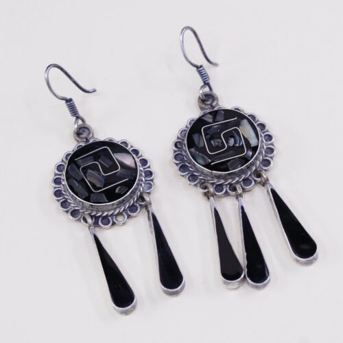 Vtg Mexico Sterling Silver Handmade Earrings, 925 W/ abalone N Teardrop Dangles