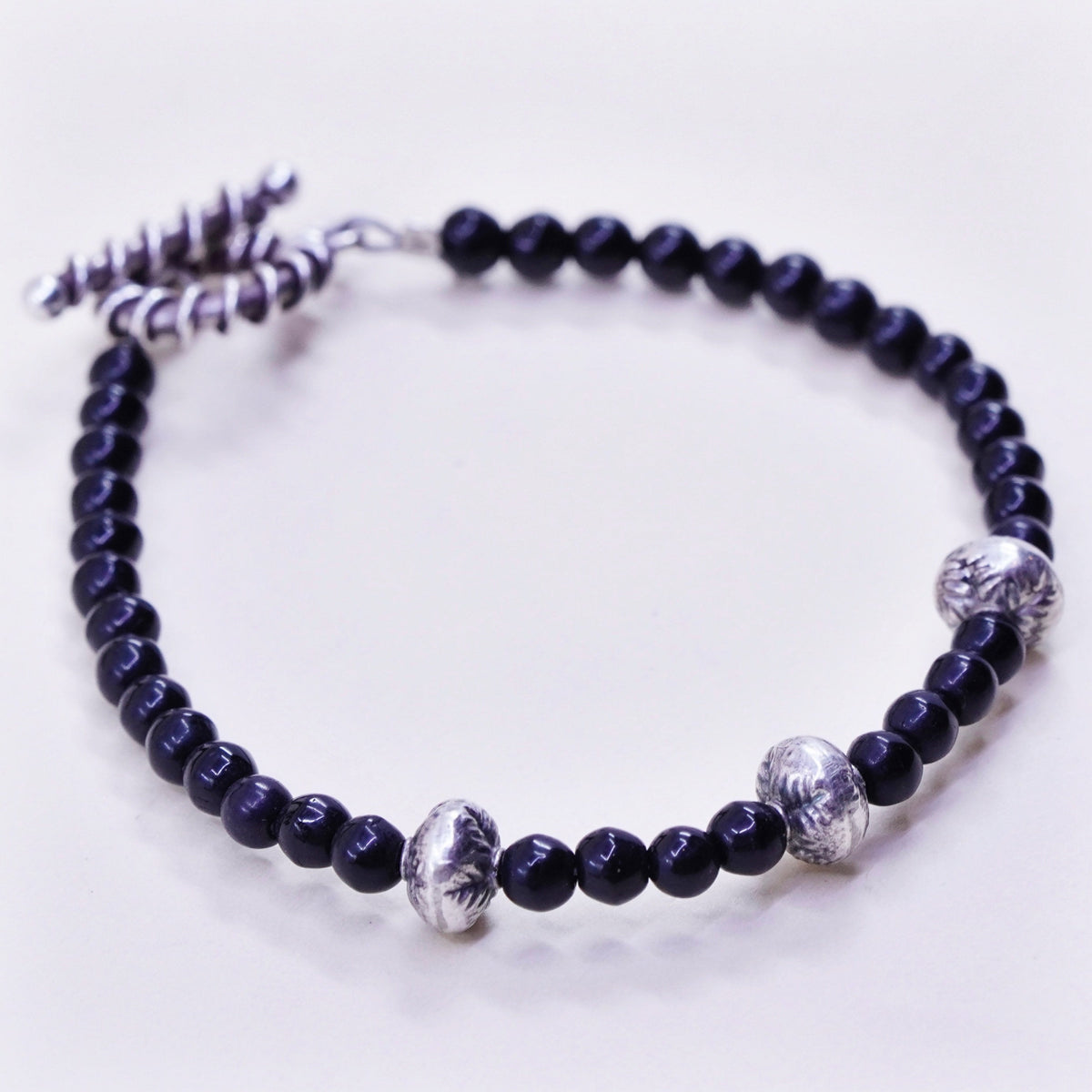 6.25”, Vintage Sterling 925 silver bracelet with obsidian beads