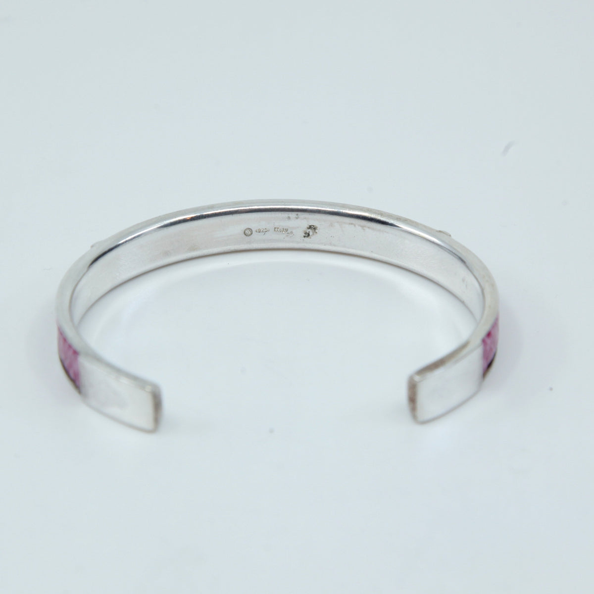 6.75", sterling silver contemporary handmade bracelet, 925 cuff w/ pink leather