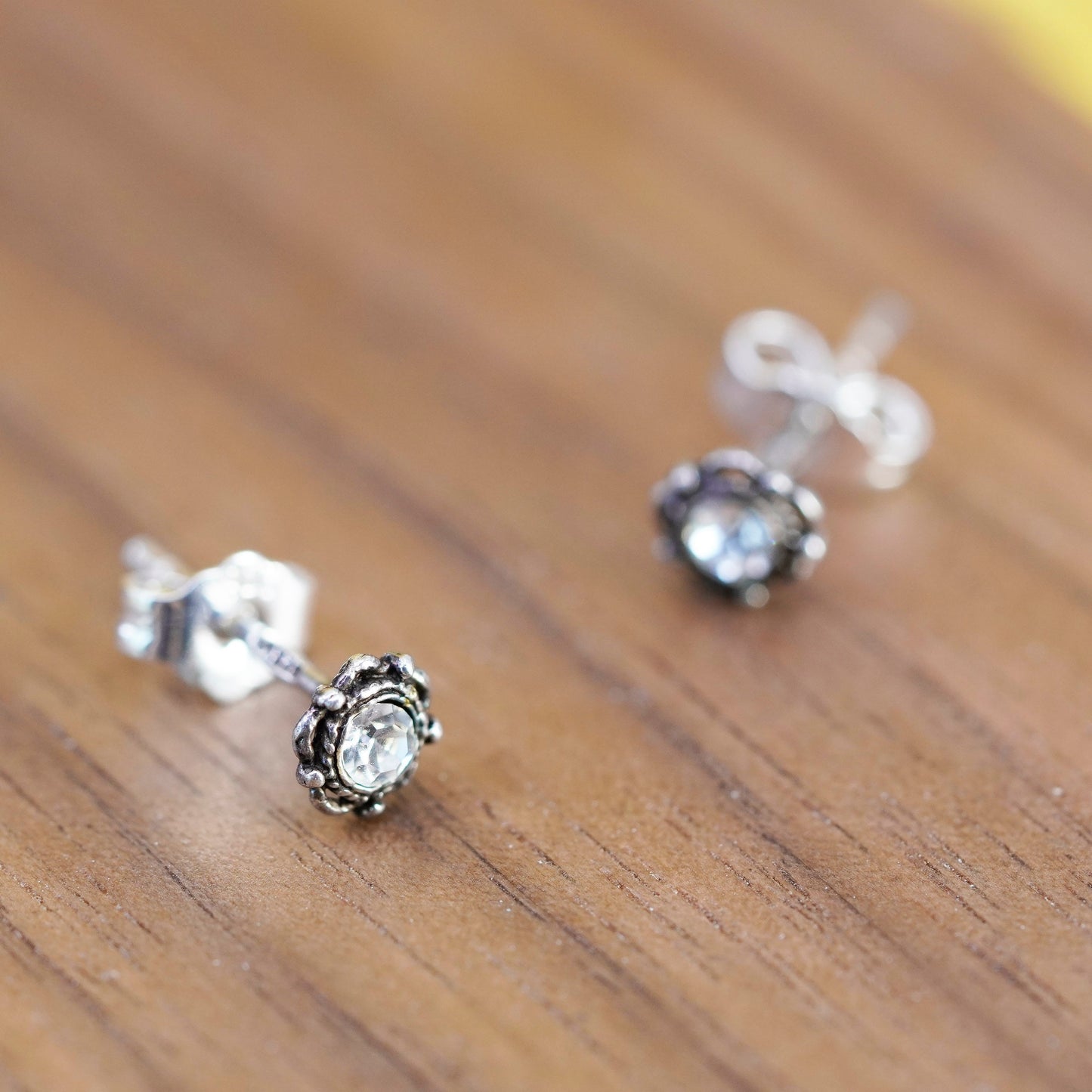 Vintage Sterling 925 silver clear cz studs, floral earrings