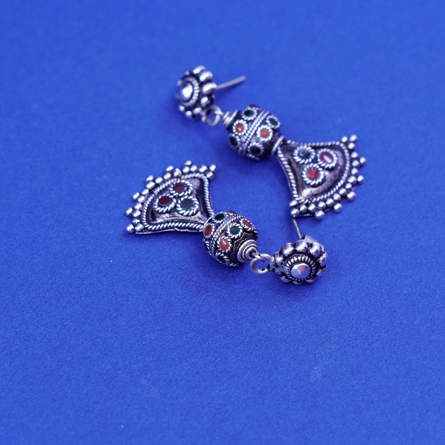 Vintage sterling silver handmade earrings, bali 925 drop with enamel