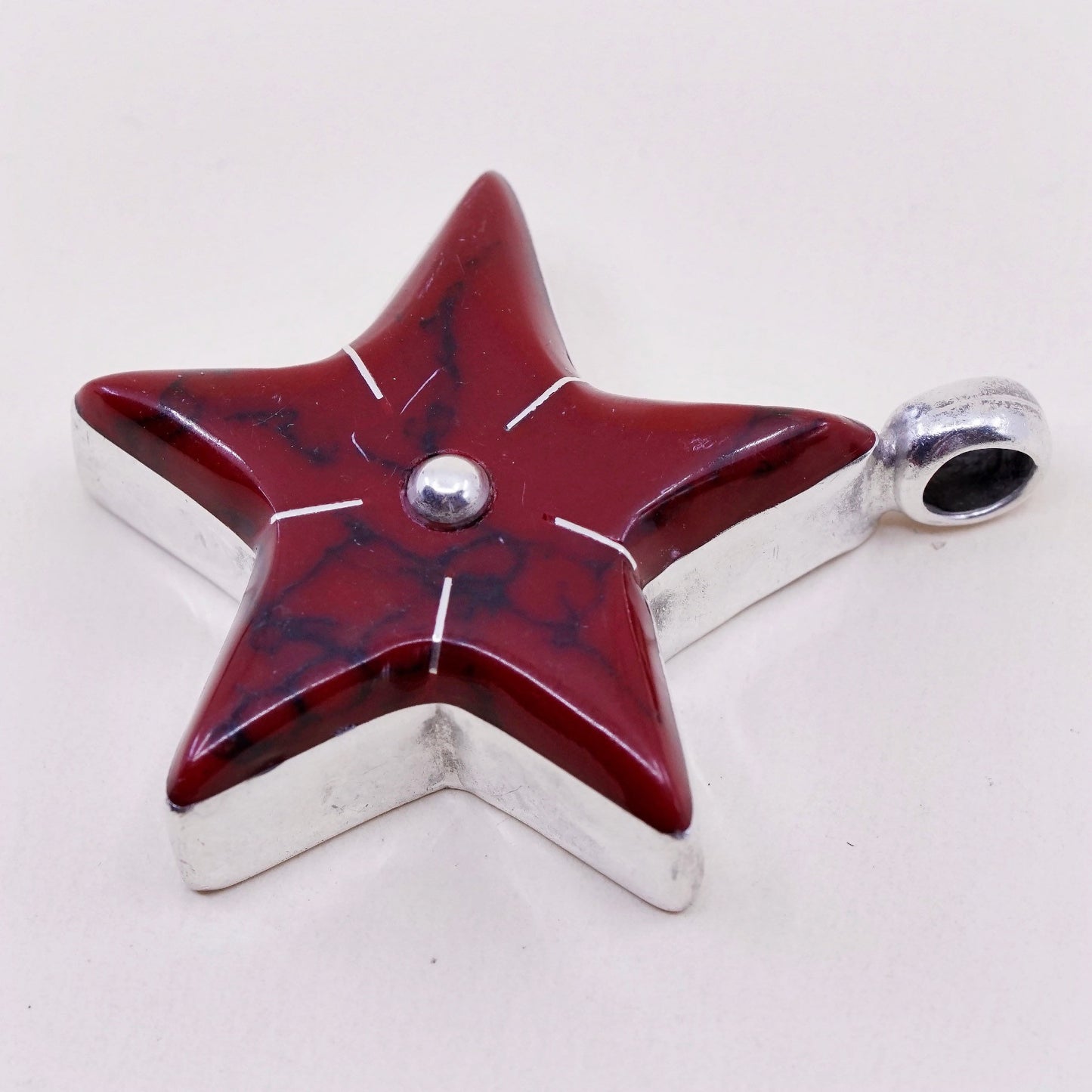 Vintage huge sterling 925 silver handmade pendant with red jasper star