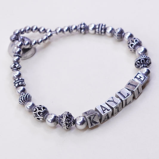 6.75”, Sterling 925 Silver filigree beads bracelet with name “Kaylie” cubes