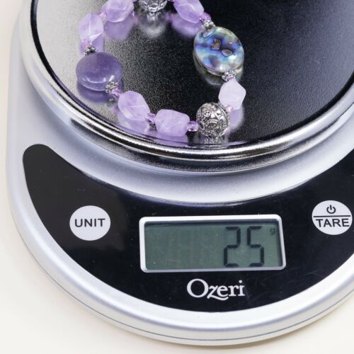 7”, Vtg Amethyst Elastic Bracelet W/ Bali Sterling 925 Silver Beads N Abalone