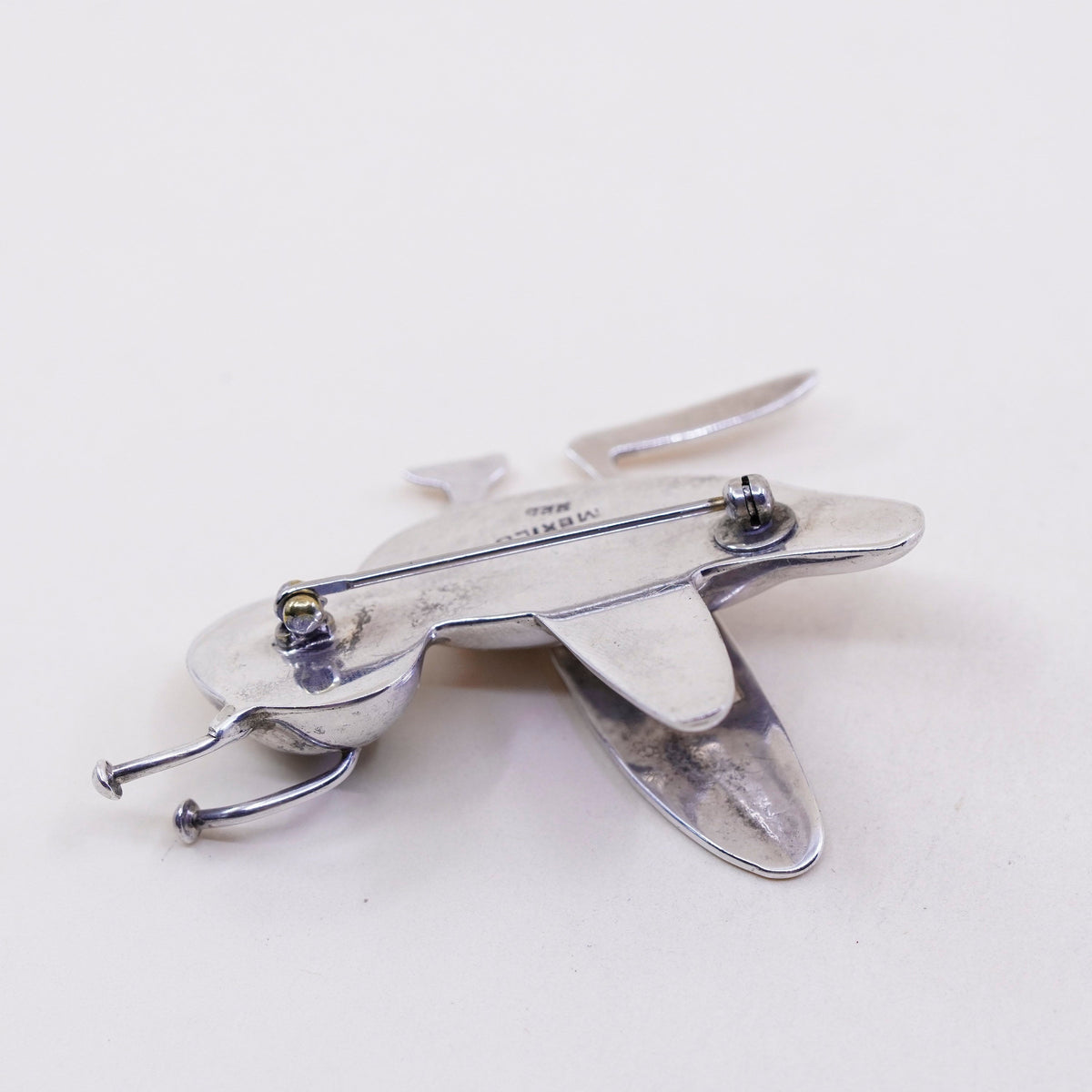 Vintage Sterling silver handmade brooch, Mexico 925 pin with cricket obsidian