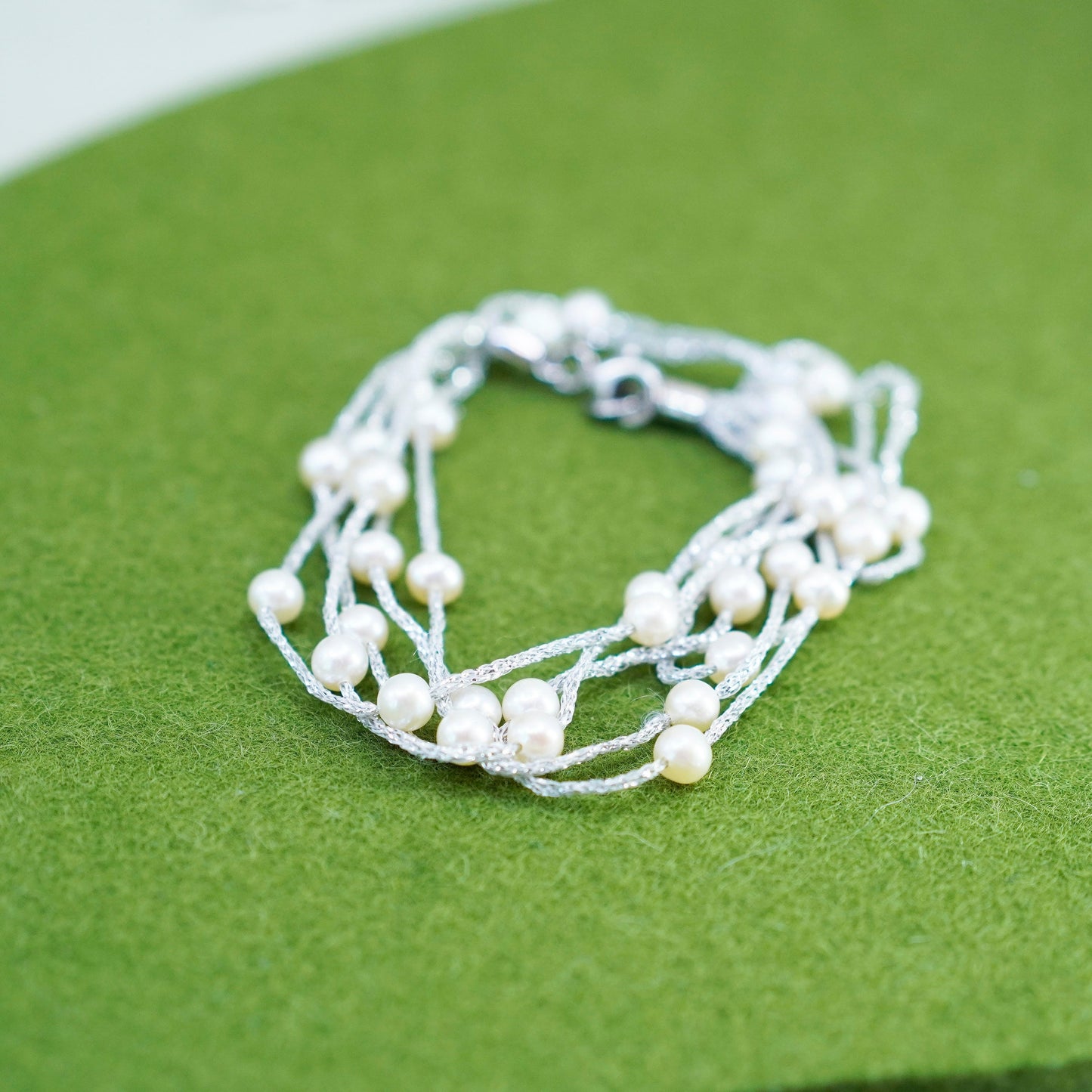7”, Italy multi strands 925 sterling silver bracelet, silver fiber chain pearl