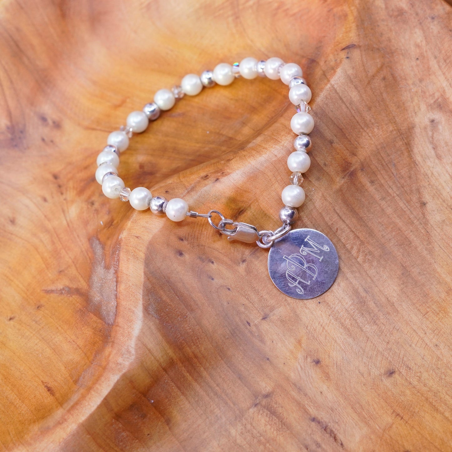 7.25”, Sterling silver bracelet, pearl beads chain 925 charm monogram “ABM”
