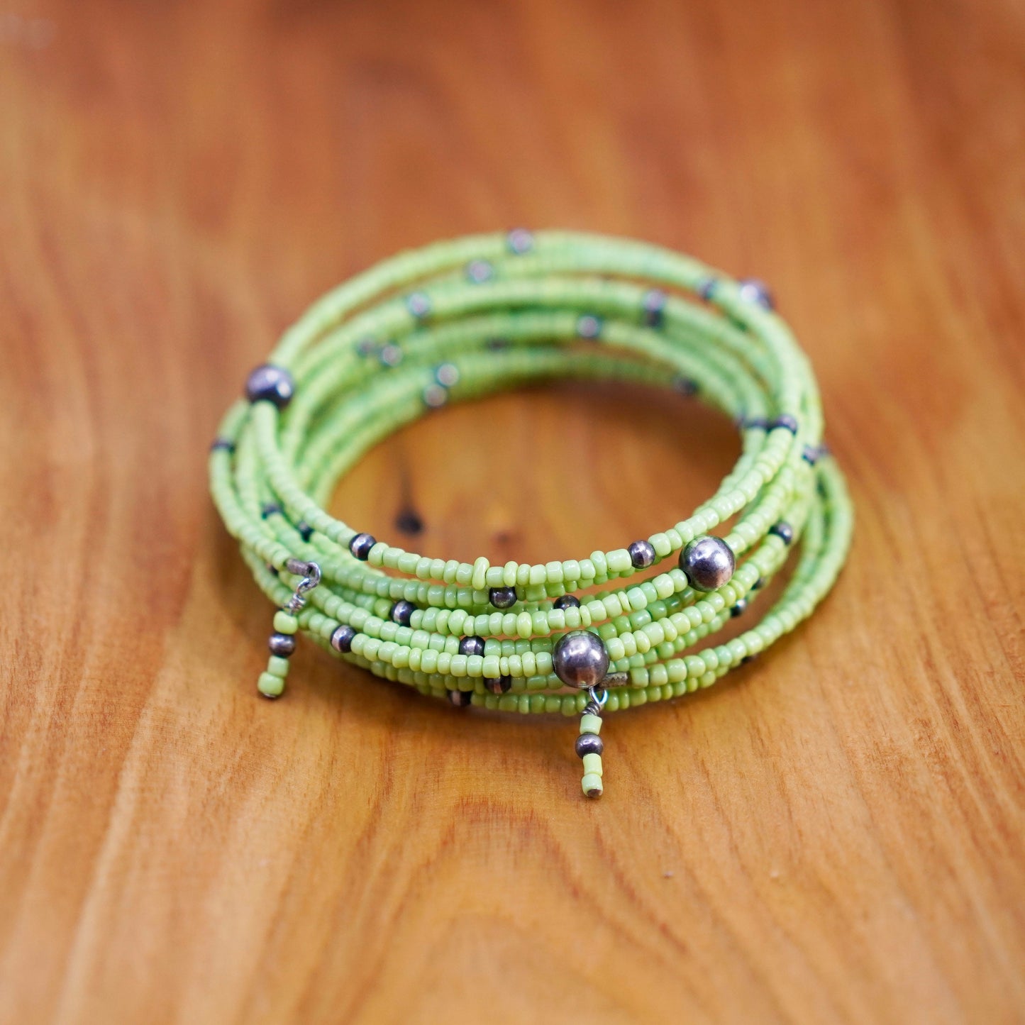 6” handmade green beads wrap around bangle bracelet sterling 925 silver beads