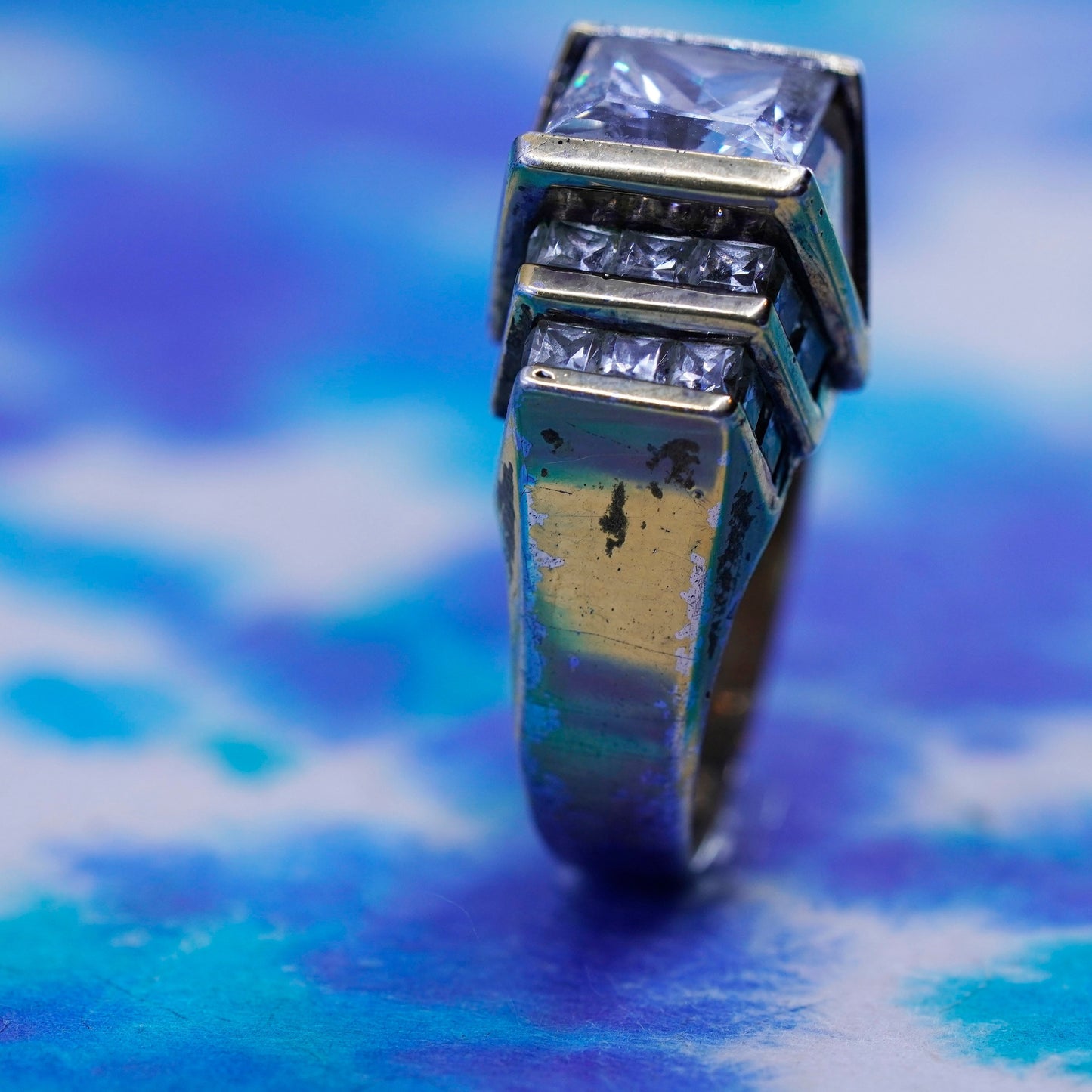 Size 6.5, Vintage Sterling silver vermeil gold over 925 ring with crystal