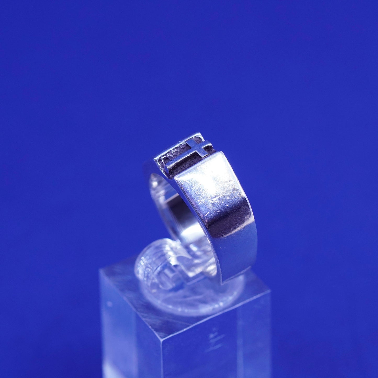 Size 8, vintage BSD Sterling silver handmade ring, 925 band with cross embossed