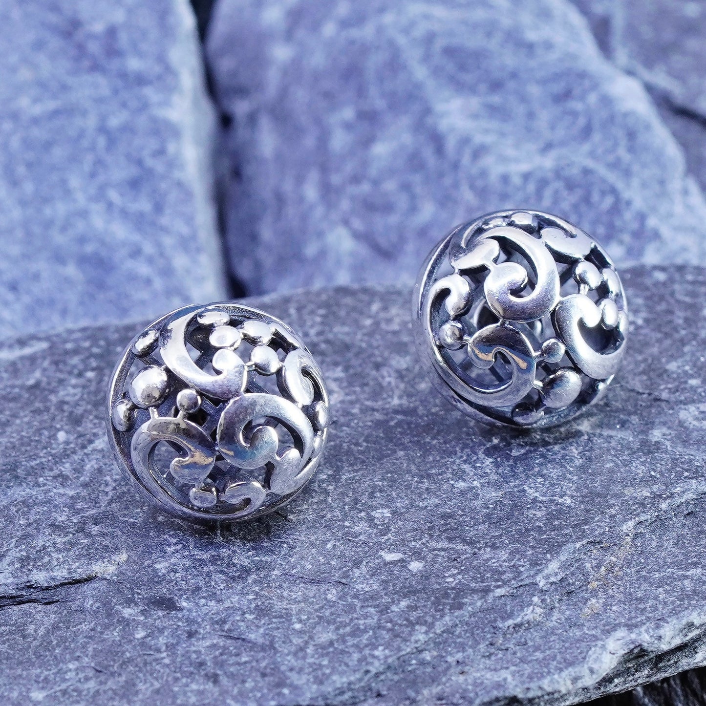 Vintage Sterling silver handmade earrings, 925 filigree swirl studs