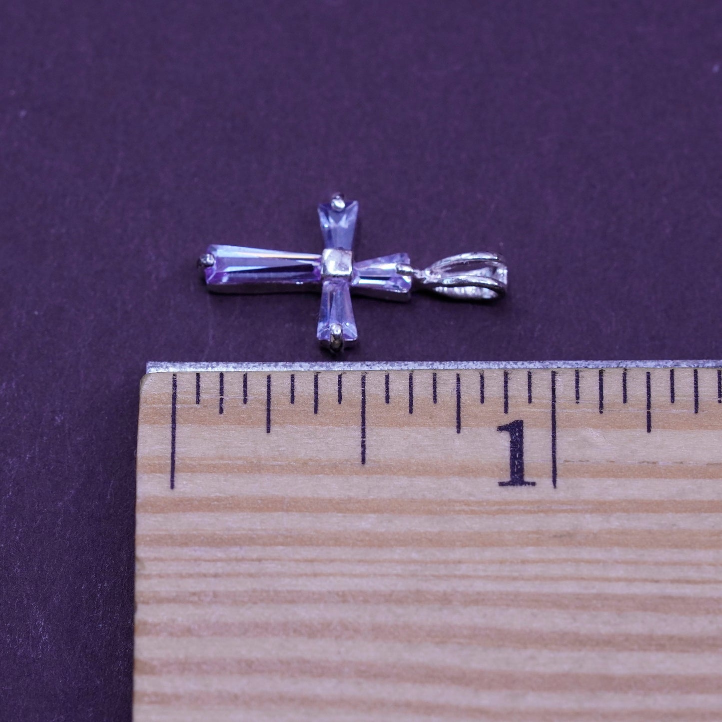 Vintage Sterling silver handmade pendant, 925 cross with Violet Cz inlay
