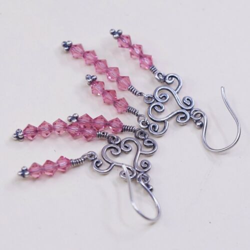 Vtg Sterling 925 silver Handmade Swirly Heart earrings w/ Pink Crystal Dangles