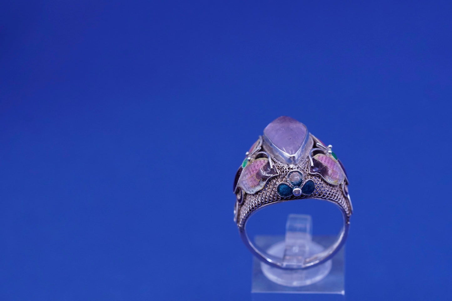 sz 11, gold over Sterling 925 silver ring w/ amethyst and enamel butterfly