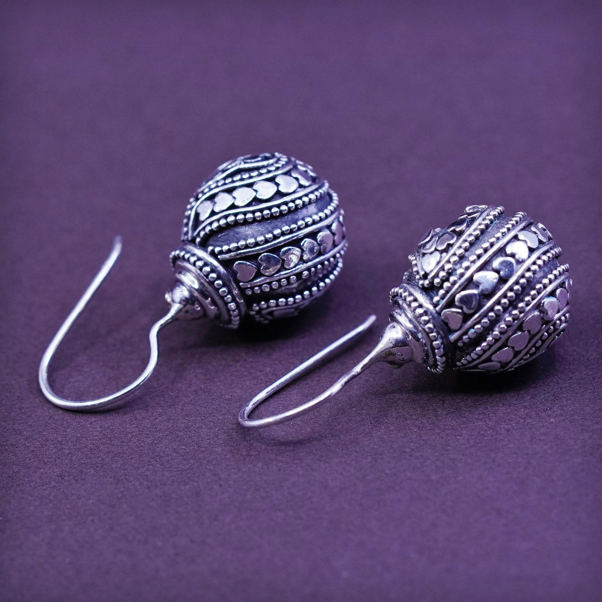 Sterling 925 silver handmade earrings w/ bali bead dangles w/ 14k gold heart