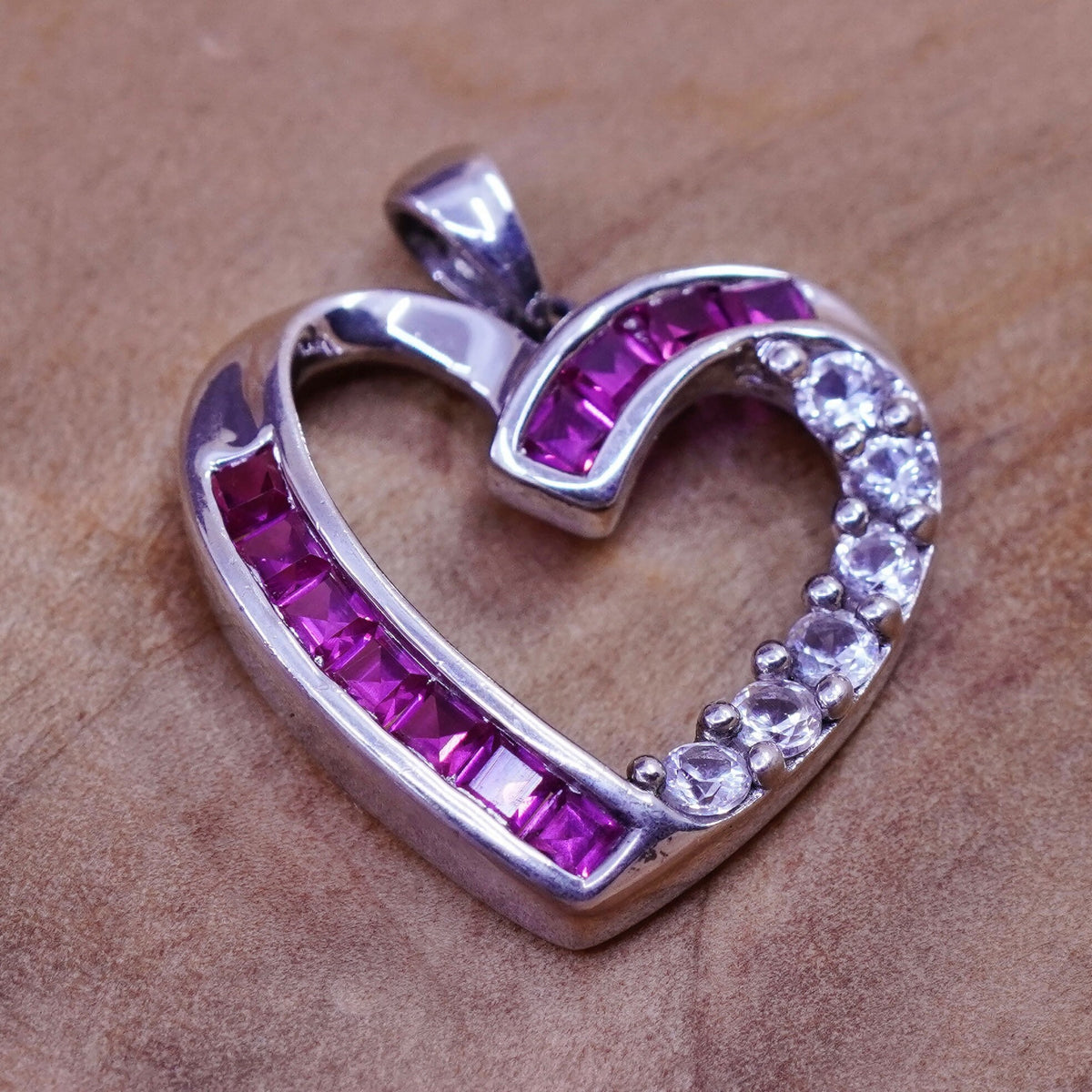 Vintage Sterling 925 silver heart pendant with pink Cz