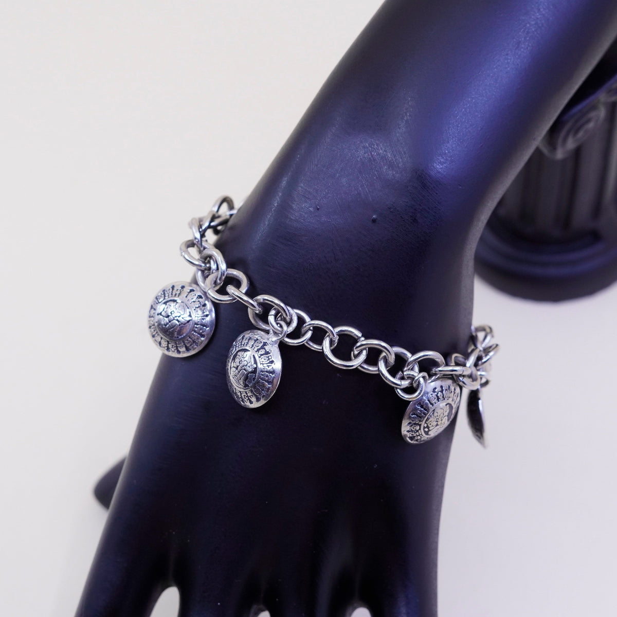 6.25”, sterling silver handmade bracelet, 925 chain w/ Mayan calendar charms