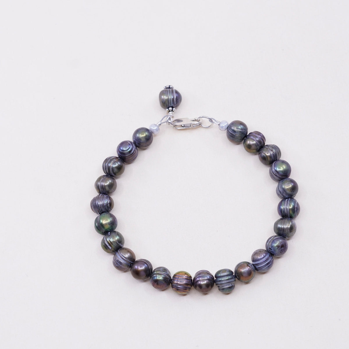 7”, Vintage handmade bracelet, black pearl beads with 925 sterling silver clasp