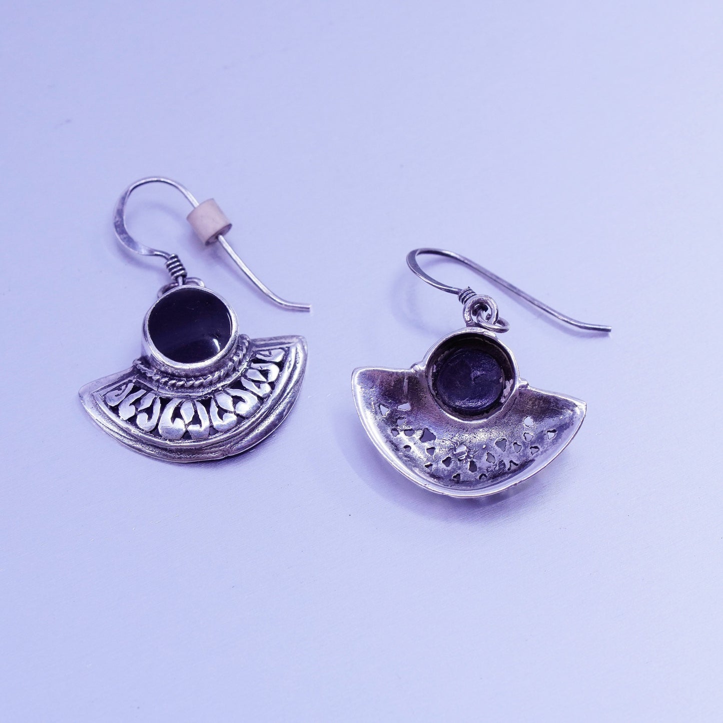 Vintage Sterling 925 silver handmade textured earrings with obsidian