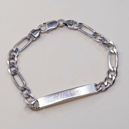 7.75”, 7mm Sterling Silver Handmade Bracelet, Vtg 925 Curb Name Nicole Tag