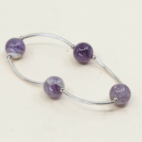 6”, Vtg Sterling 925 Silver Bar Bracelet W/ Amethyst Beads N Elastic Band