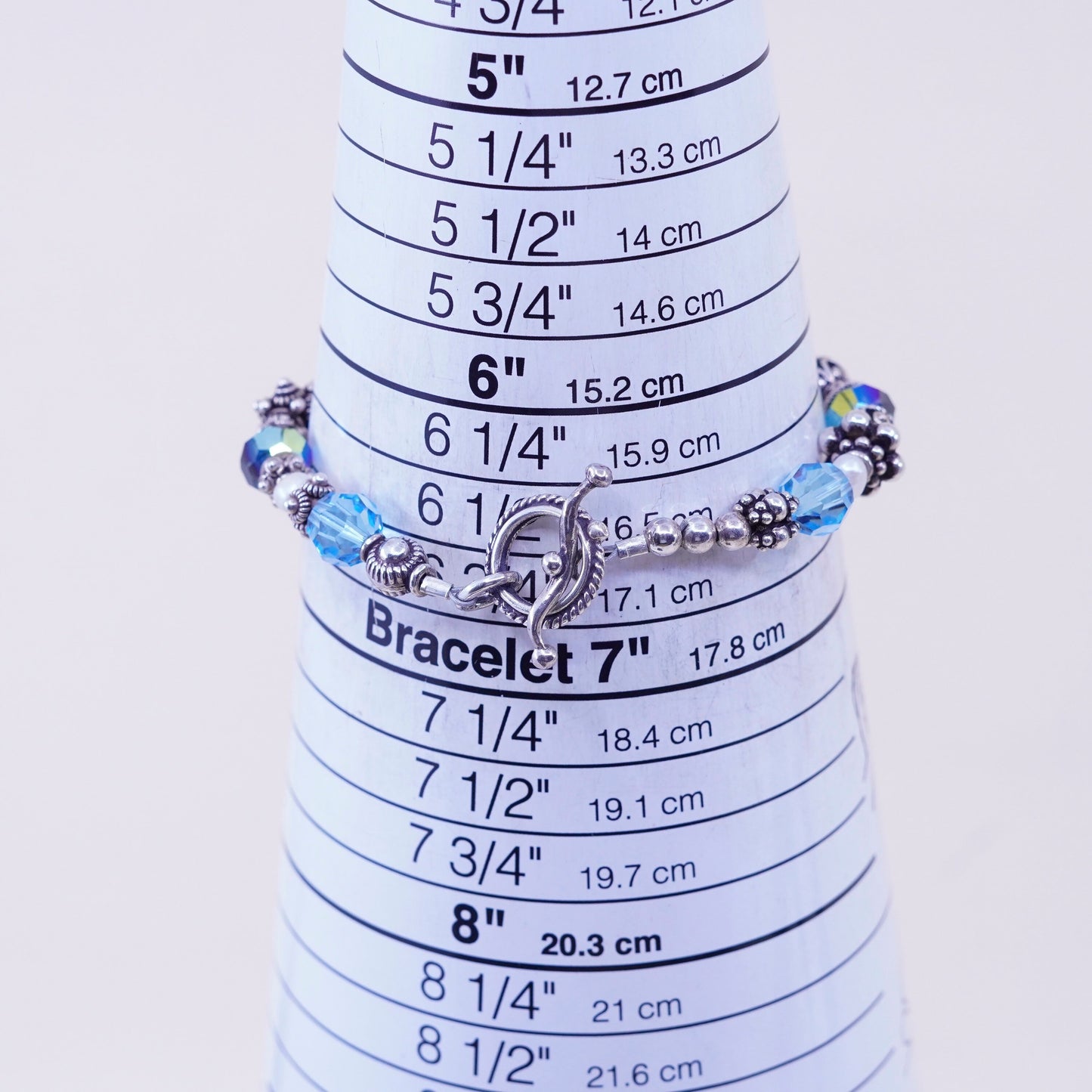 6.5”, vintage Sterling 925 Silver blue Art Glass Bead Toggle Bracelet