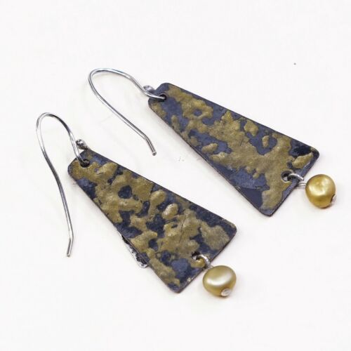 Vtg Modern Yellow Sterling Silver Handmade Earrings, 925 Silver W/ Disc N Pearl