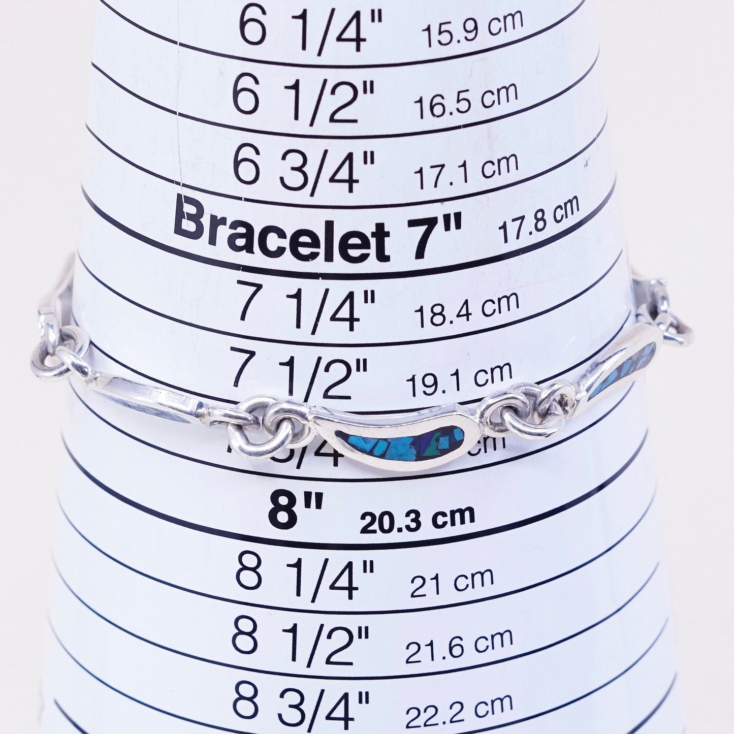 7.75”, mexico hecho en Sterling silver bracelet, 925 teardrop link w/ turquoise