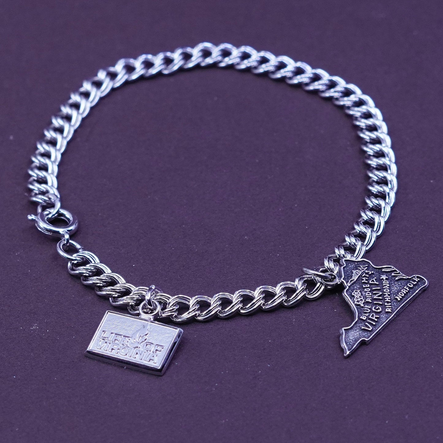 7.25”, vtg Sterling silver double curb chain, 925 bracelet w/ Virginia charms