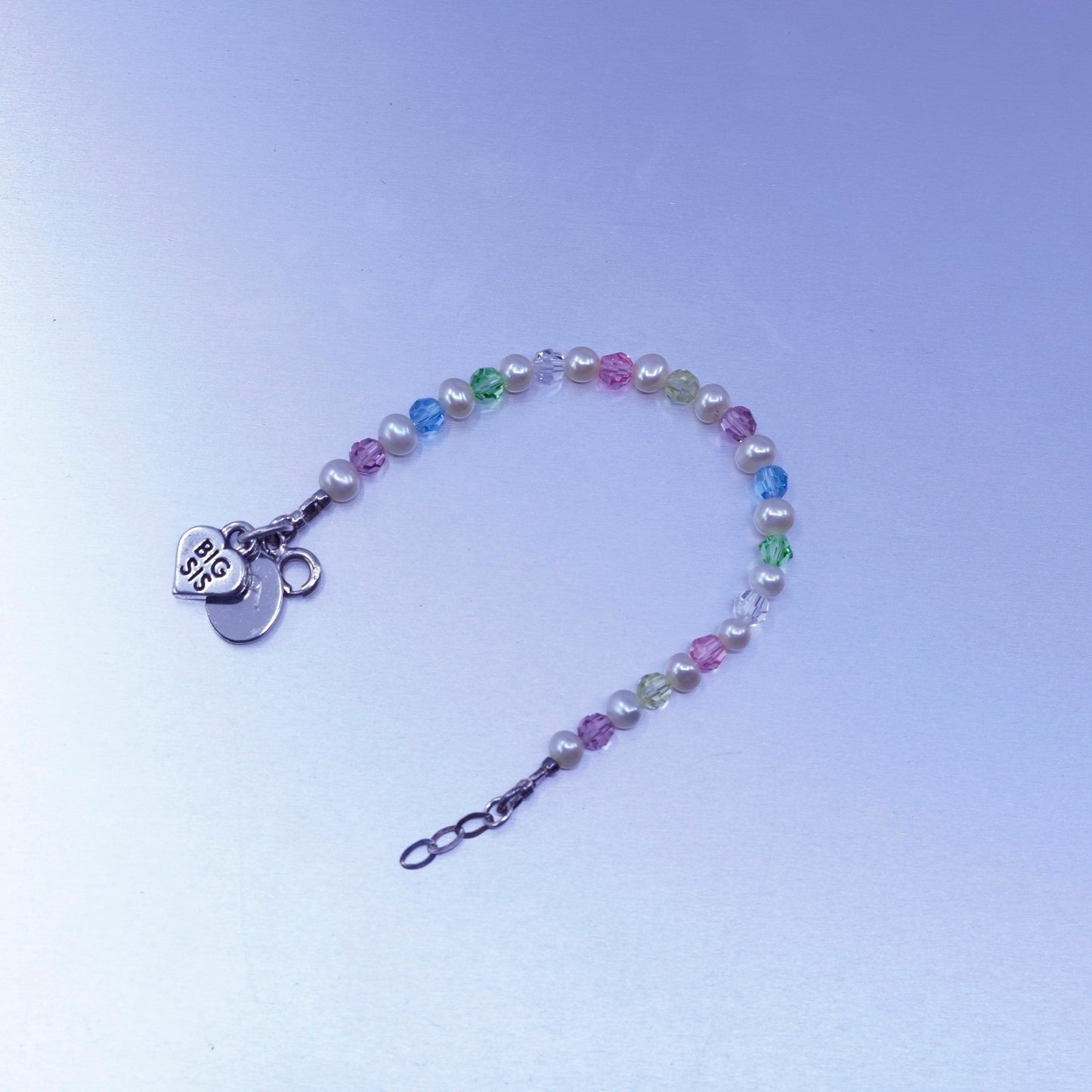 5”, Sterling 925 silver bracelet freshwater pearl crystal heart big sis charm