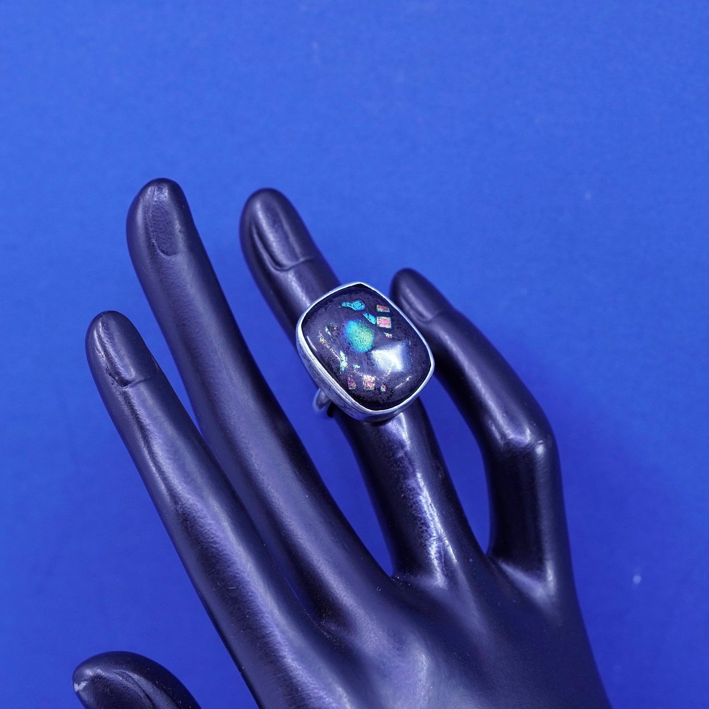 Size 4, vintage Sterling 925 silver handmade ring with foiled glass