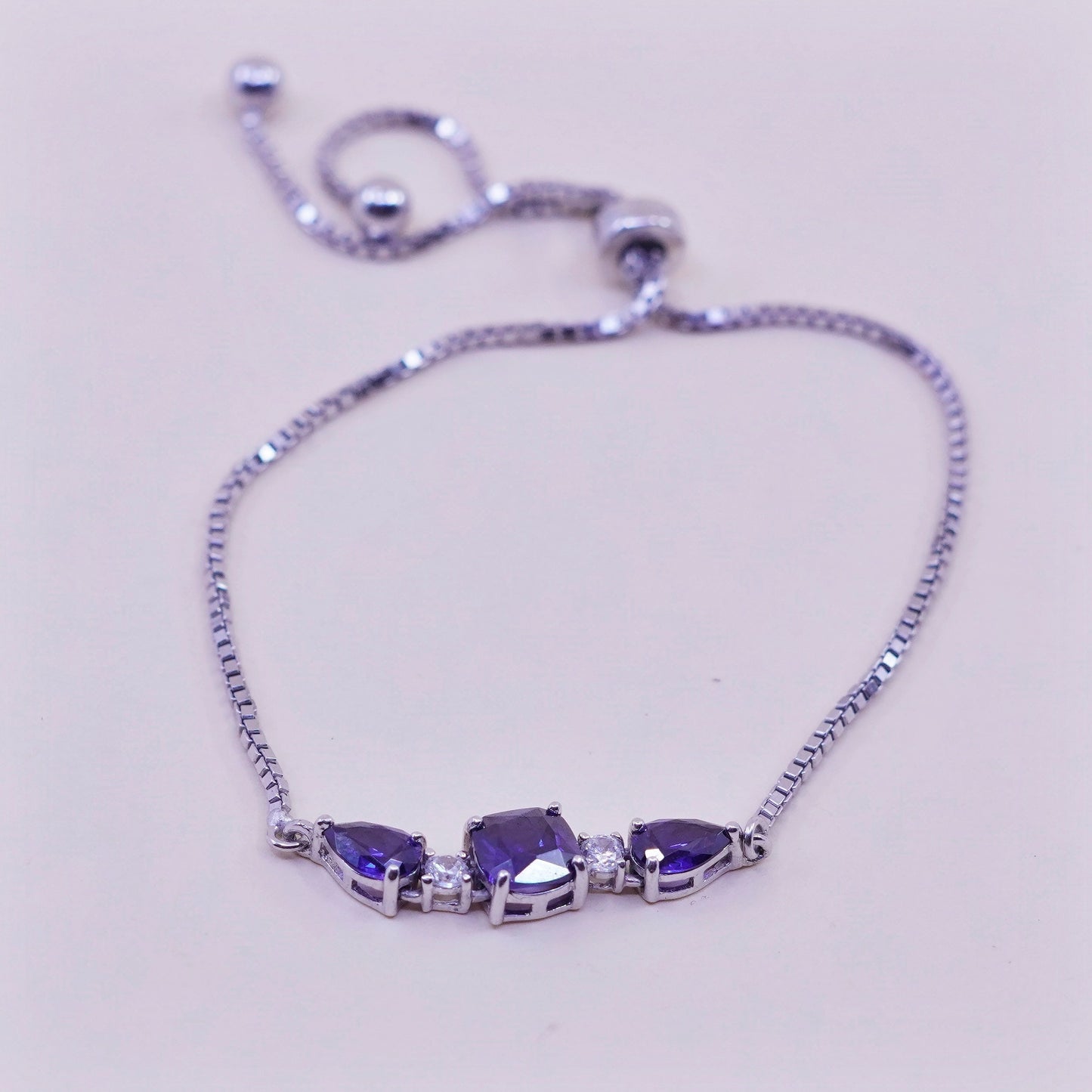 Size adjustable, Vintage sterling silver bracelet, 925 box chain with amethyst