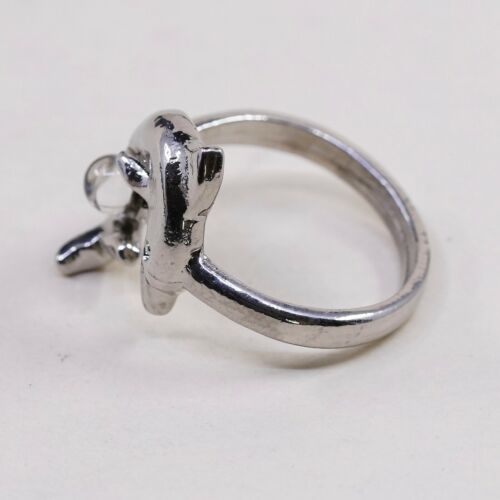 Sz 7, Vtg Silver Tone Dolphin Ring With Colorful Glass Bead