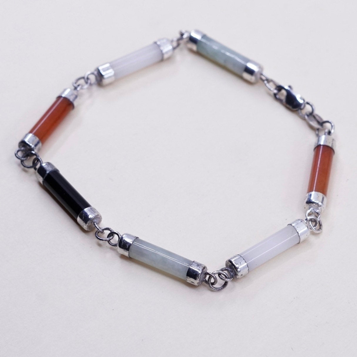 7”, vtg sterling 925 silver handmade bracelet w/ jade, carnelian, obsidian bar
