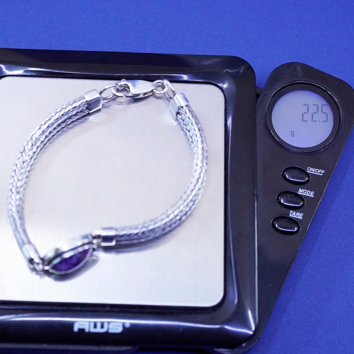 6.5”, heavy Sterling silver bracelet, multi strands 925 wheat chain purple