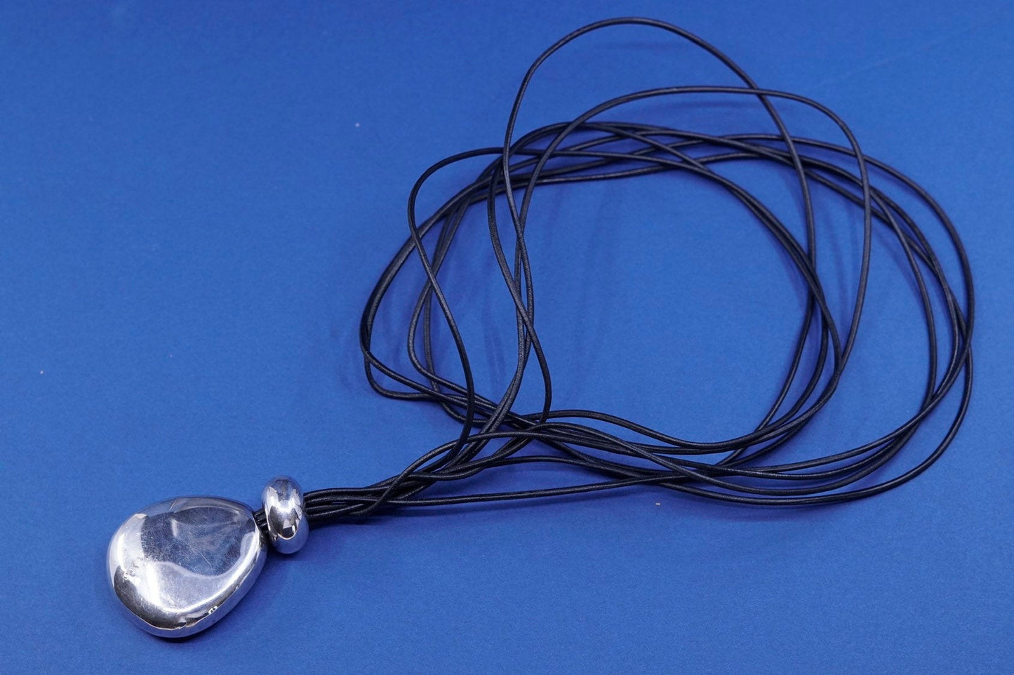 40”, vtg Sterling Silver Multi Strand black Leather Necklace Slide 925 Pendant