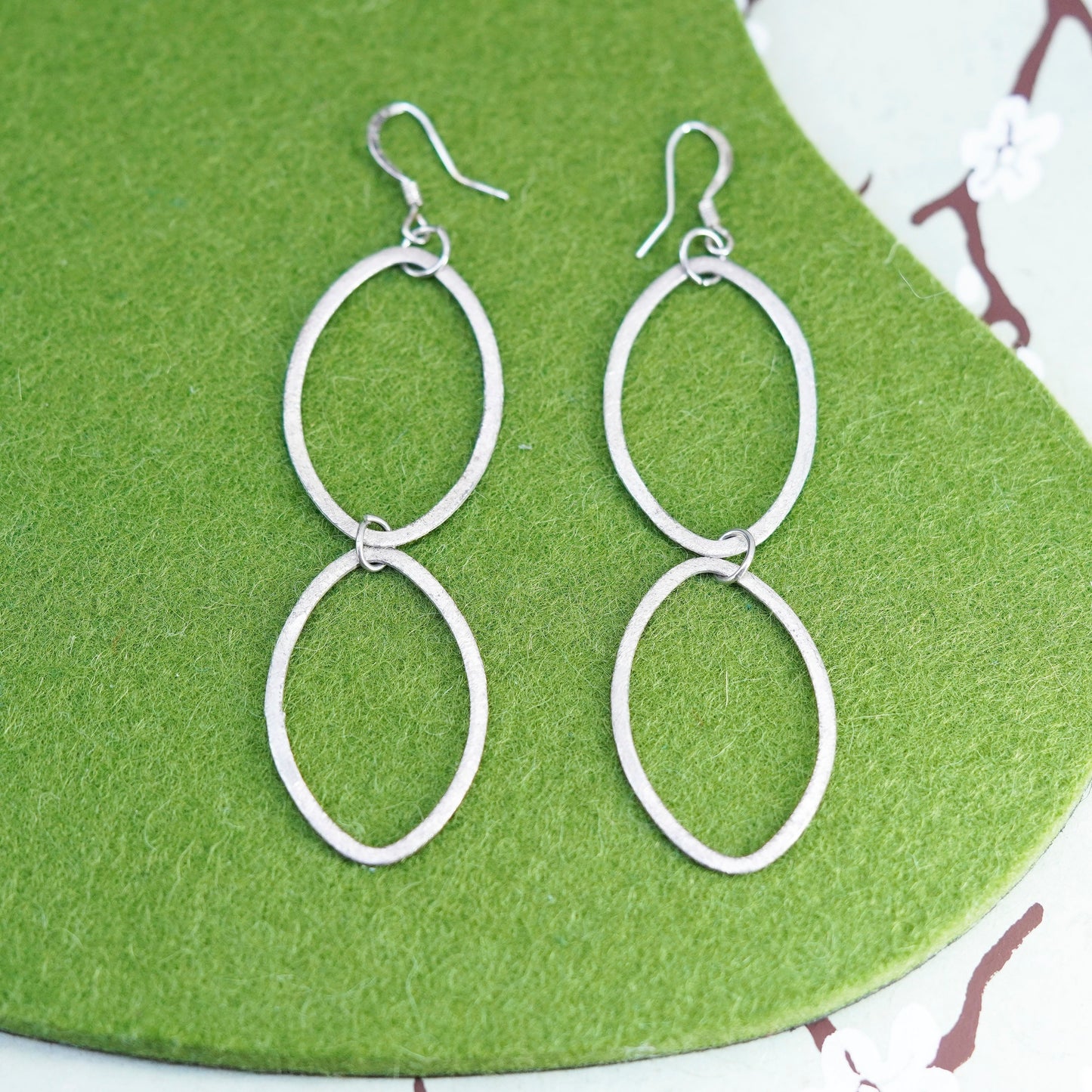 Vintage sterling silver handmade earrings, 925 matte oval dangles