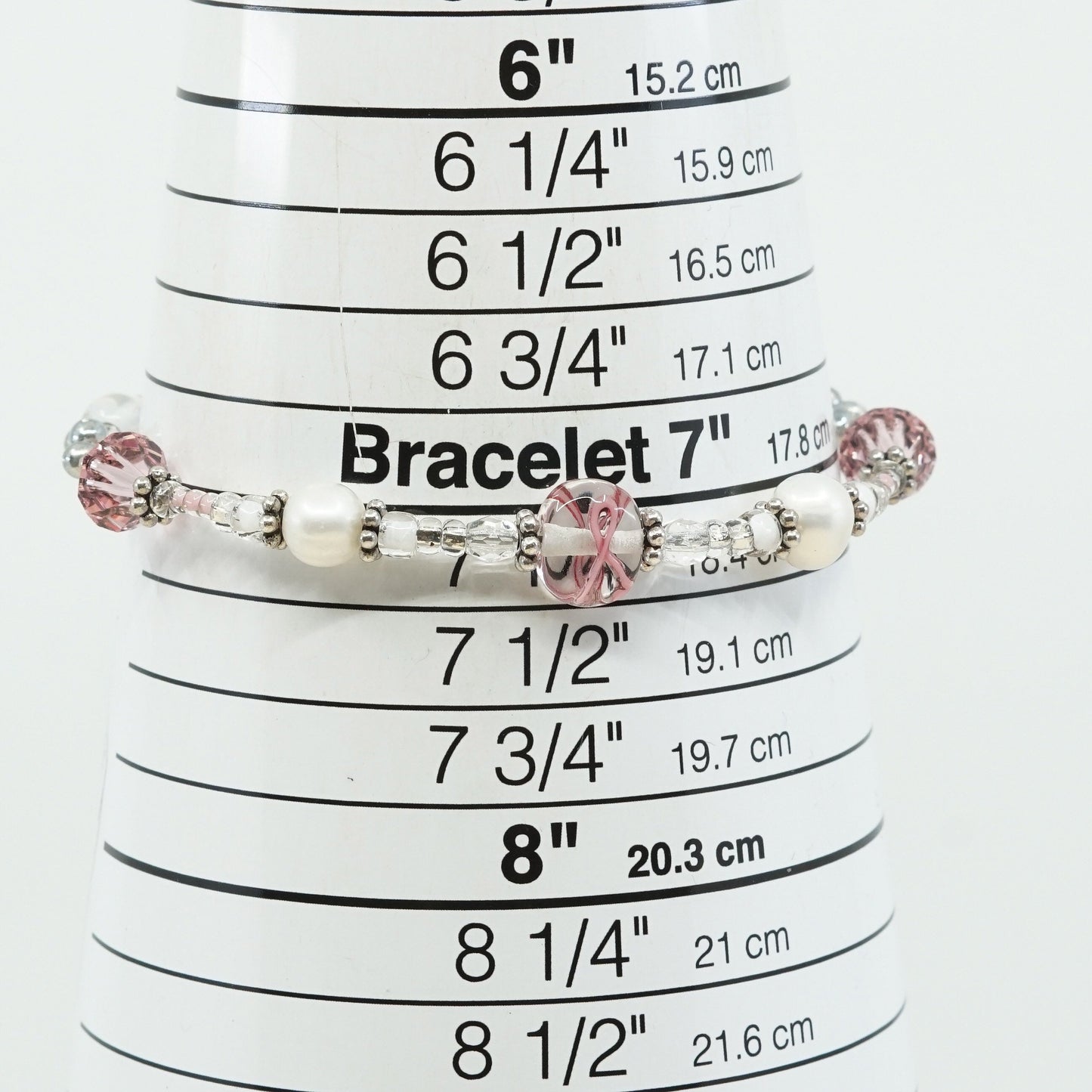 6.25”+1”, VTG Sterling silver handmade bracelet, pearl beads w/ pink crystal