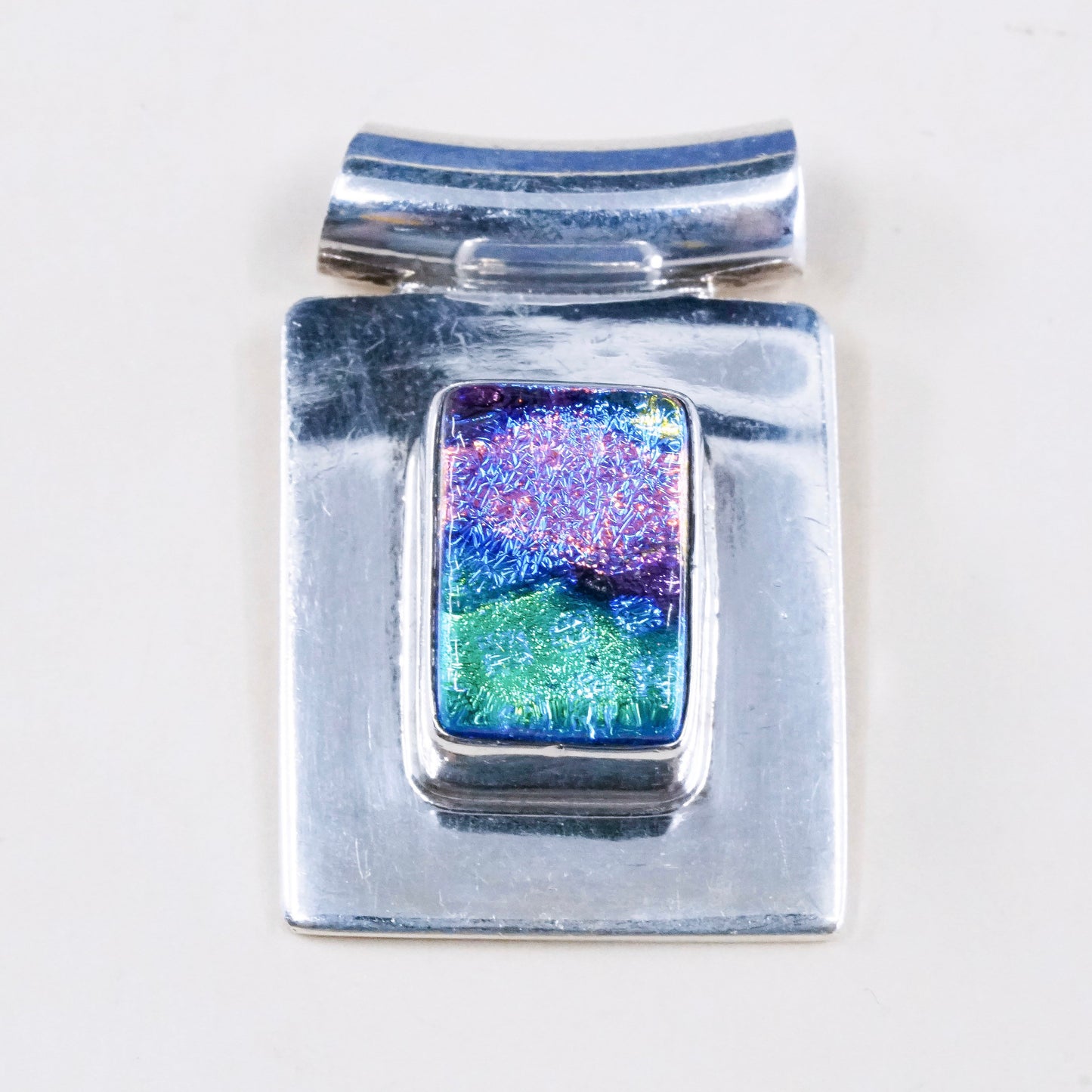 vtg sterling silver with handmade square shaped dichroic glass pendant