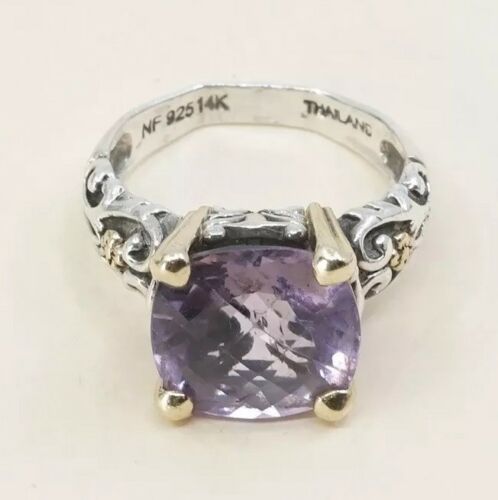 Sz 6.75, Sterling Silver handmade Ring, 925 Ring W/ amethyst n 14K Gold Accent