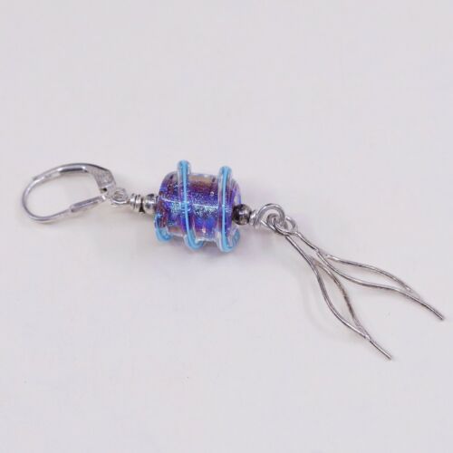 Vintage simple handmade Sterling 925 Silver Earrings w/ Blue Foiled Glass