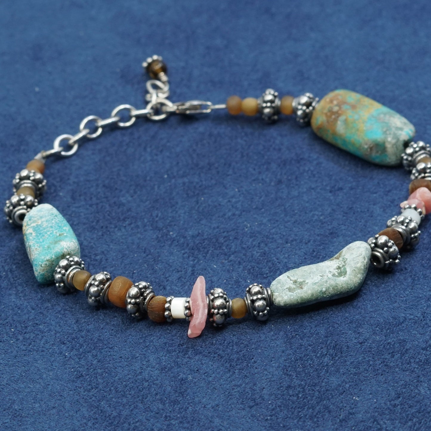 7.5”+1”, vtg sterling silver handmade bracelet, 925 w/ turquoise N coral beads